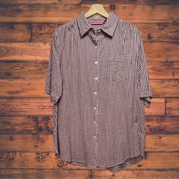 5 for $25🔥Woman Within Burgundy Striped Button Front Shirt Medium - Picture 1 of 5
